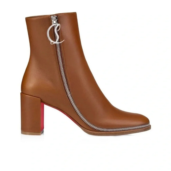 Christian Louboutin CL Zip Charm Chestnut Brown Ankle Booty 70 Calf Leather - Picture 1 of 14